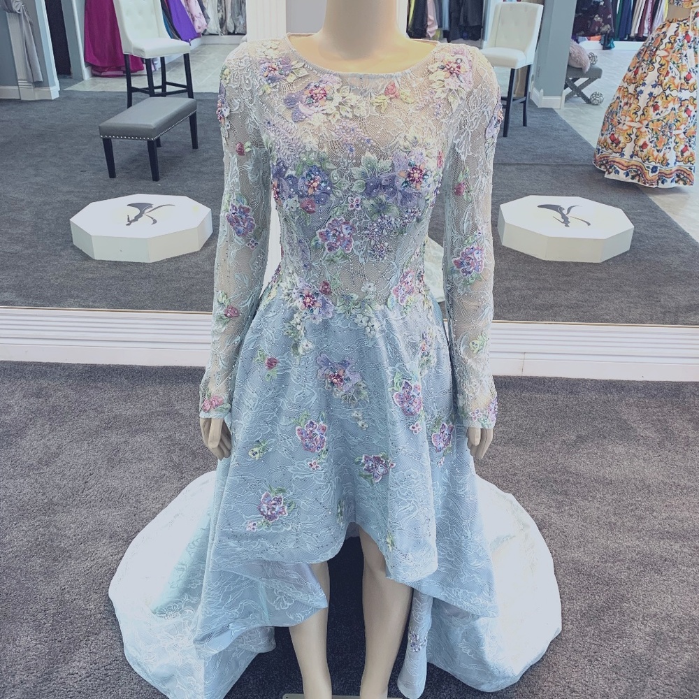 Mon Cheri High Low Lace & Flower Appliqué